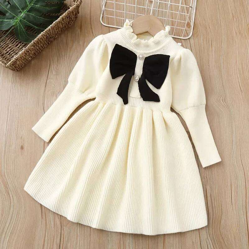 LILIGIRL Big Bow Puff Sleeve Dress Girls, Knitted Pleated Party Dress, Cute Casual Outfit for Baby & Toddler 2-6Y Z260304