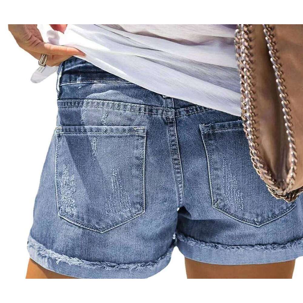 Fashionable Printed Washed Ripped Patch Denim Shorts. Women's Summer New Design Sense Flip The Edge Casual Mid-waist Short Jeans XJ260305