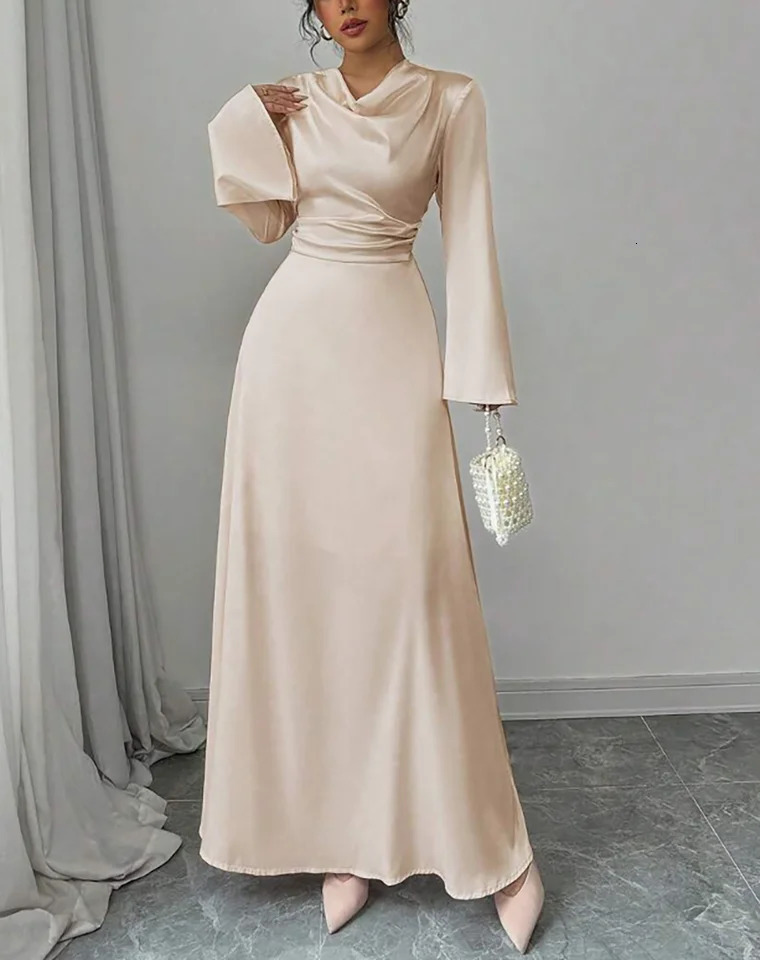 Maxi Dress Spring Summer Women Champagne Satin Cowl Neck Flared Sleeve Belted Elegant Luxurious Party Wedding Evening 260302