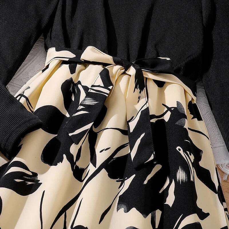 Kid Girl Long Sleeve Black Round Neck Patchwork Ink Painting Dress 8-12 Years Elegant Vintage Casual Kids Autumn Dresses Z260304