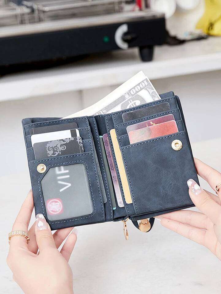 Retro double fold PU leather short wallet with zipper coin pocket multiple slots and wrist band casual portable card clip C260304