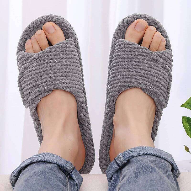 Kidmi Soft Fur Cotton Shoes Women Fashion Open Toe Corduroy Bedroom Slides With Arch Support Adjustable Indoor Slippers