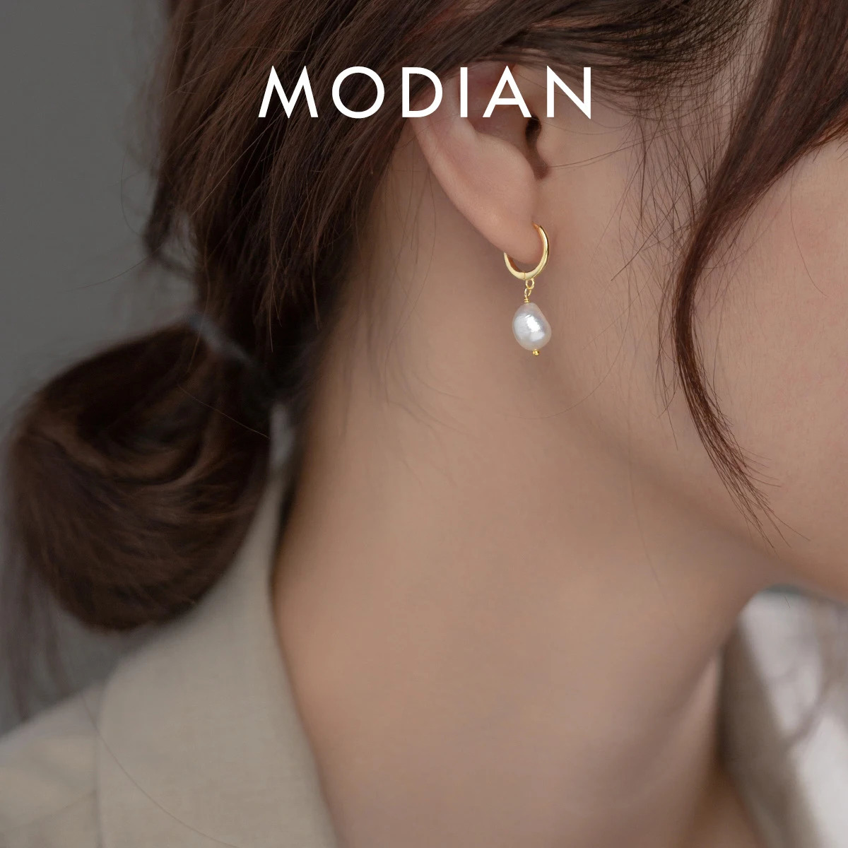 Modian 925 Sterling Silver Baroque Pearl Ear Buckles For Women Trendy Bright Simple Hoop Earrings Fine Jewelry Gift 260303