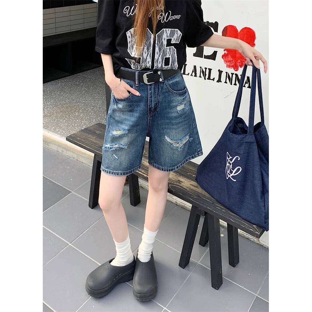 2025 Summer American Vintage Distressed Knee Length Denim Women's New Chic High-waist Loose Slimming Straight-leg Shorts XJ260305