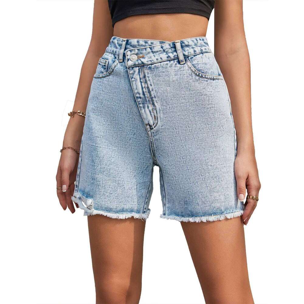 Spring Summer New Irregular-waisted Straight-leg Denim Shorts,European and American Women's Casual Loose High-waisted Shorts XJ260305