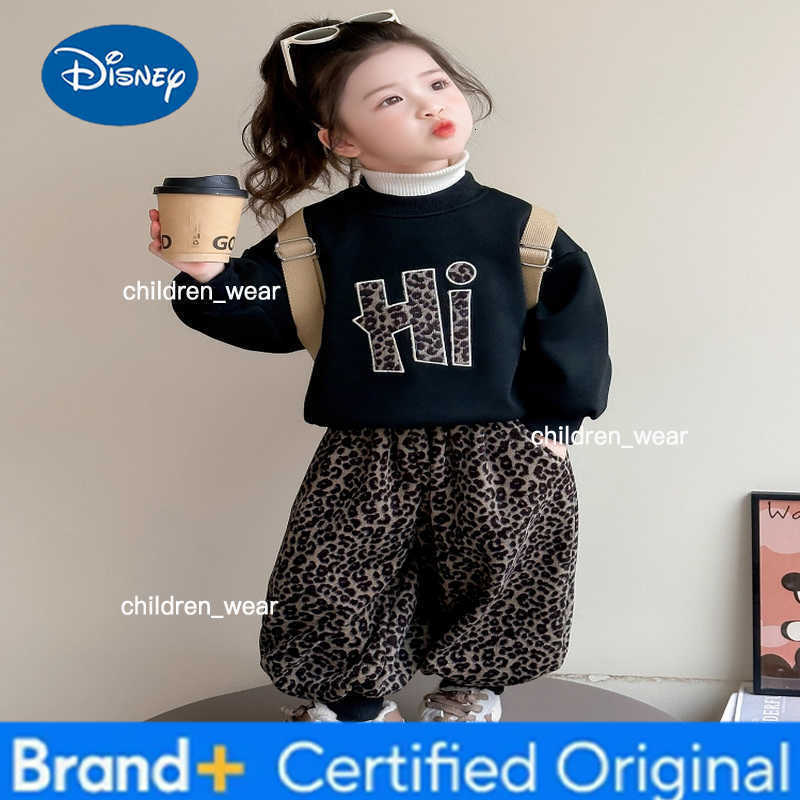 Disney Girl Clothes Sets Autumn Kid Sweatshirts Pullover Letter Top Leopard Print Pants 2pcs Suit Children Sweet Tracksuits Outfits H260305