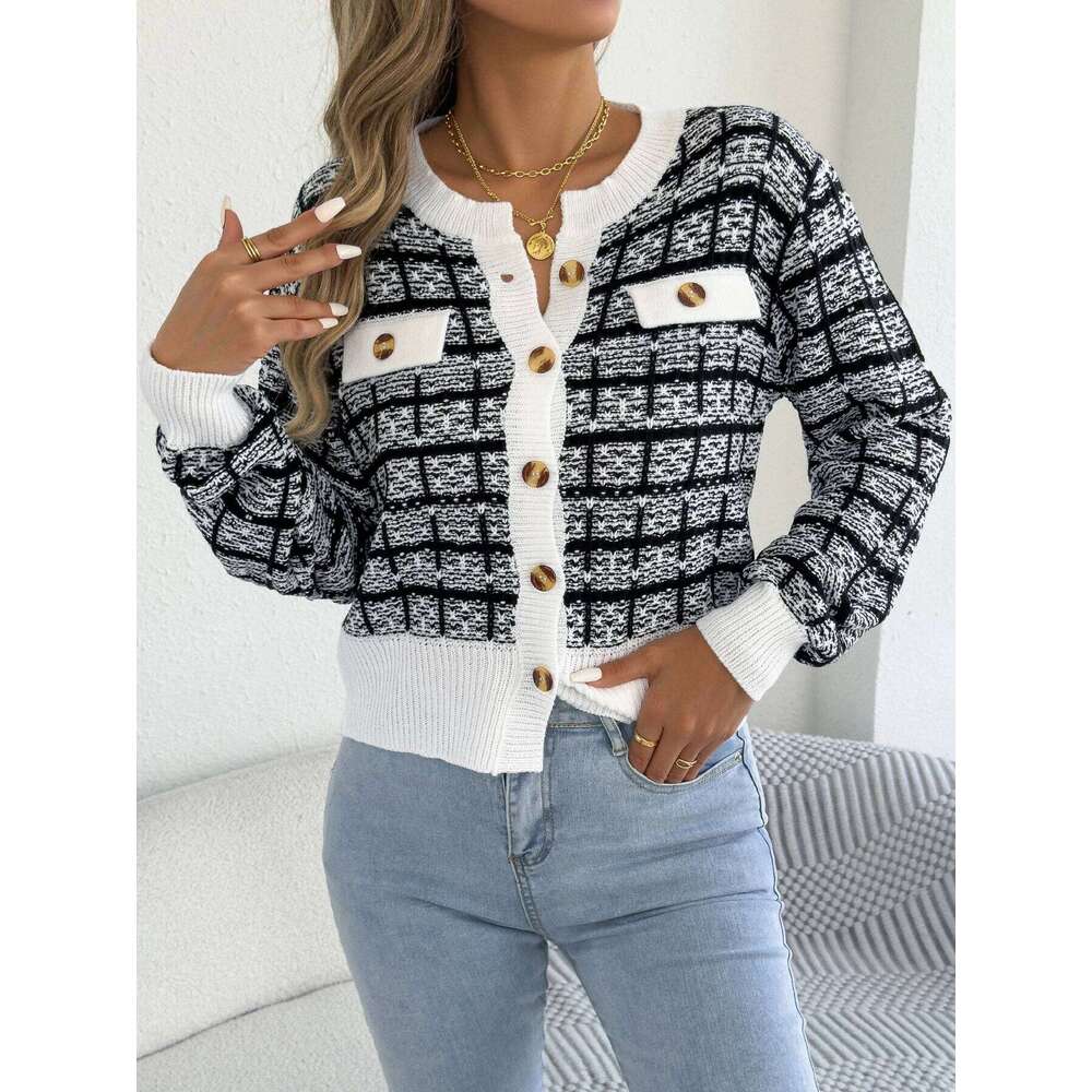 2025 Elegant Contrast Color Plaid Knitted Cardigan Sweater Single Breasted Lantern Long Sleeve Coats Women Autumn Winter Casual XJ260305