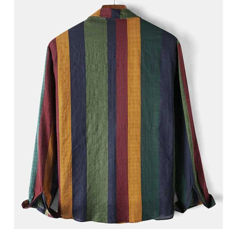 Autumn Mens Streetwear Colorful Vertical Stripes Loose Long Sleeve Shirt Leisure Fashion Retro Button-down Cotton Pockets Tops M260305