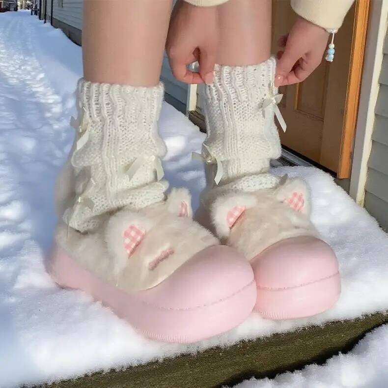 Cute Cartoon Cat Waterproof Fluffy Slippers For Girls Street Warm Shoes Soft EVA Anti-slip Women Home Daily Cotton Slipper