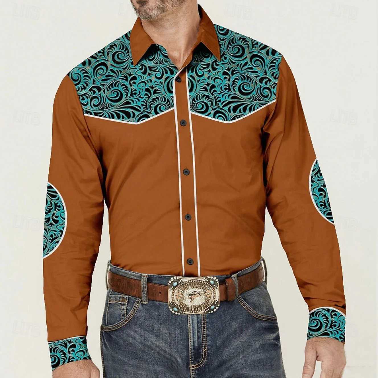 Mens ethnic style European court pattern 3D printed dark shirt long sleeve lapel retro shirt business casual fashion outdoor to M260305