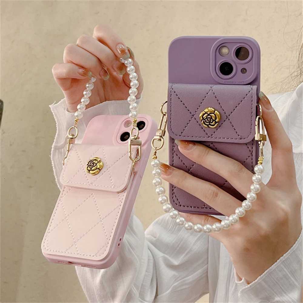 Korean Style 3D Camellia Quilted Card Bag Phone Case with Pearl Chain For iPhone 15 14 Pro Max 13 12 11 X XR 8 Plus | Shockproof Silicone CoverT260305