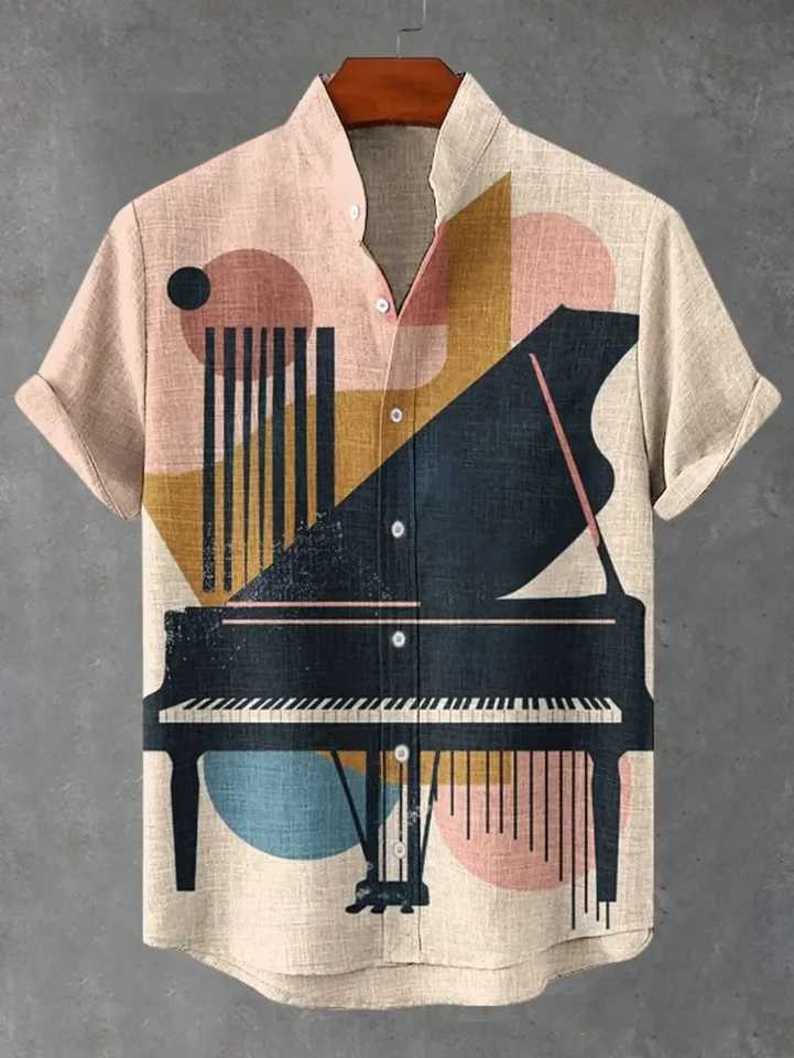 Musical instrument pattern print fashionable mens short sleeved shirt loose top outdoor street casual and comfortable M260305