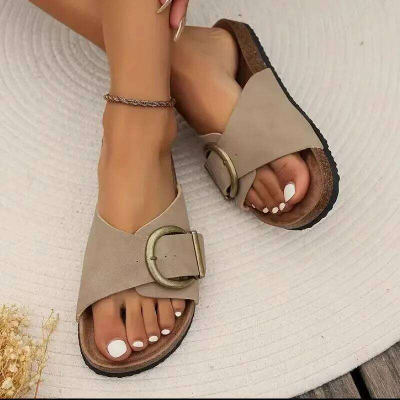 Kidmi 2025 Cork Sole Women Single Buckle Flip Flops Open Toe Beach Sandals Leisure Fashion House Slippers