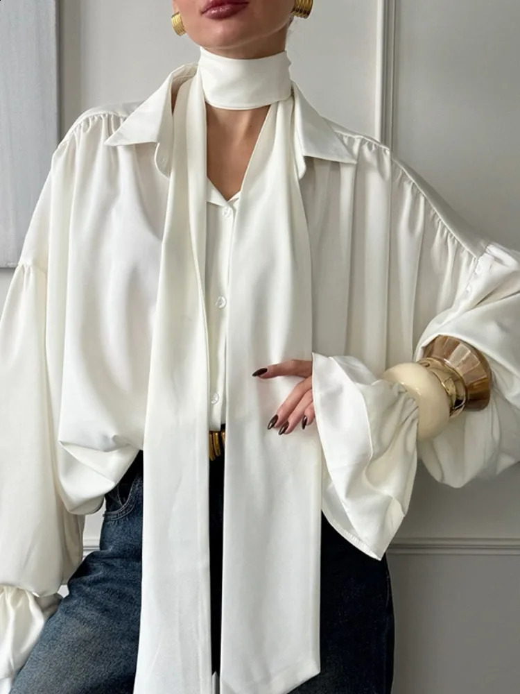 Bonboho Womens Elegant Blouse Solid White Buttoned Satin Shirts Lapel Collar Long Puff Sleeves Loose Fit Tshirt with Scarf 260228