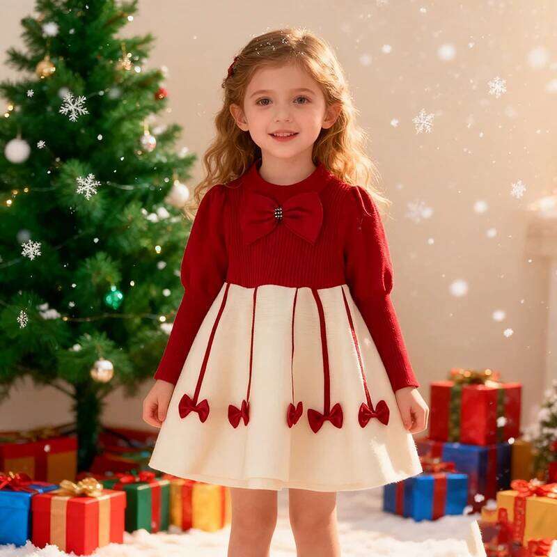 Baby Dres Autumn Winter Girls Party Cute Wear Bow Decoration Princess Dress Christmas Kids Fashion Sweet Clothes Z260304