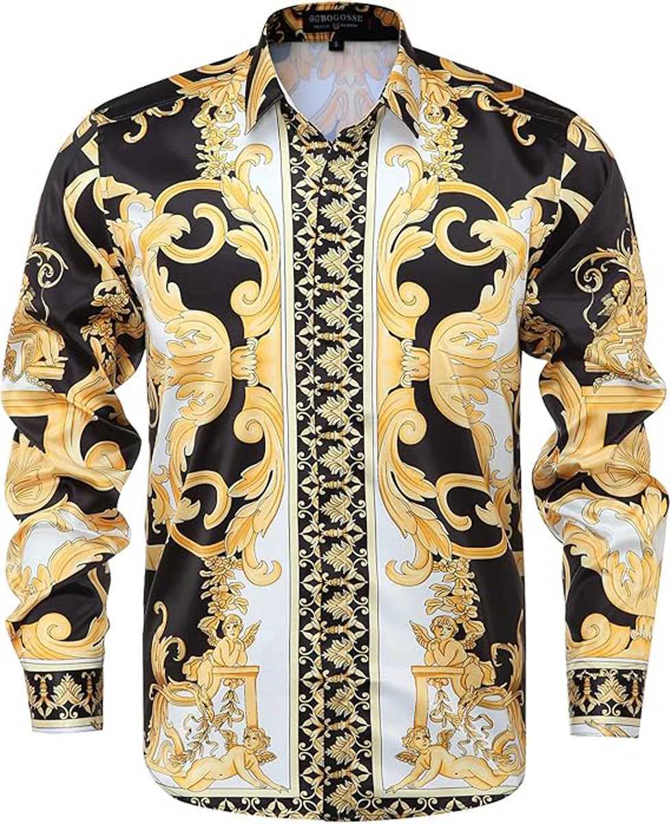 Mens RETRO Noble Gold Chain 3D Printed Shirt Hawaiian Casual Vacation Long-sleeved Lapel Performance CloTHing for Men M260305