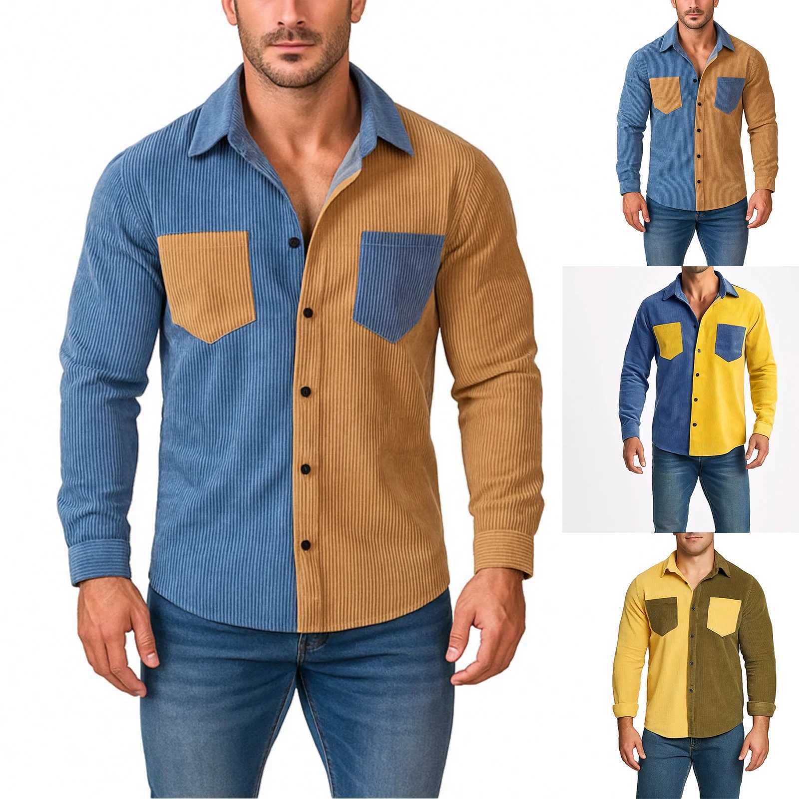 Splicing Color Blocking Lapel Shirt Corduroy Single Breasted Shirt Fashionable And Trendy Long Sleeved Top MenS Casual Shirt M260305