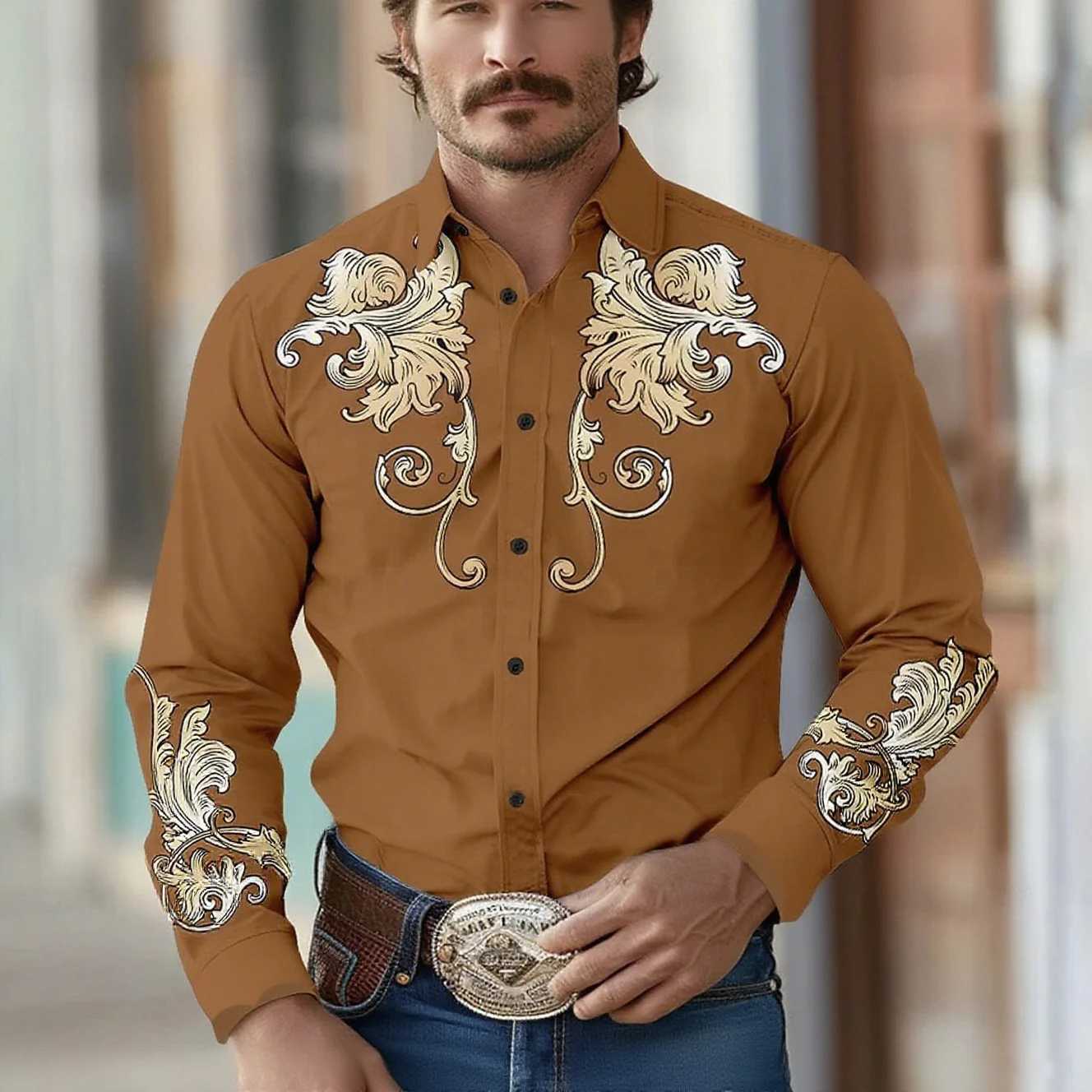 Mens ethnic style European court pattern 3D printed dark shirt long sleeve lapel retro shirt business casual fashion outdoor to M260305