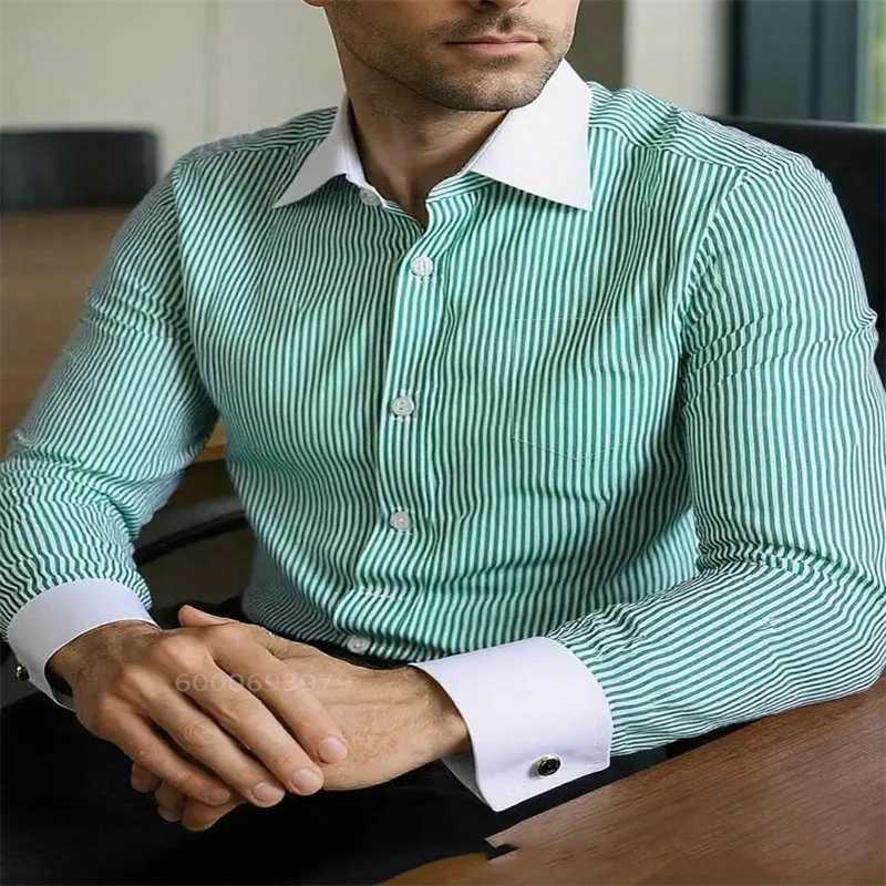 2025 Mens Retro Casual Striped Shirt Social Formal Contrast Color British Style Long Sleeve Shirt Fast Delivery M260305