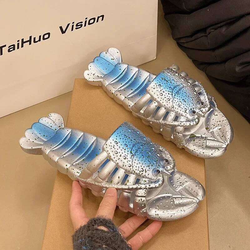 2025 New Metal Color Funny Lobster Slippers For Women Men Summer Shoes Anti-slip Cute Cartoon Couples Indoor Beach Slides