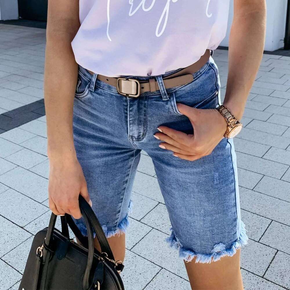 Summer New Fringed Design Mid-length Jeans. Ladies' Street Fashionable Washed Ripped, Slim-fit Straight Leg Casual Denim Shorts XJ260305