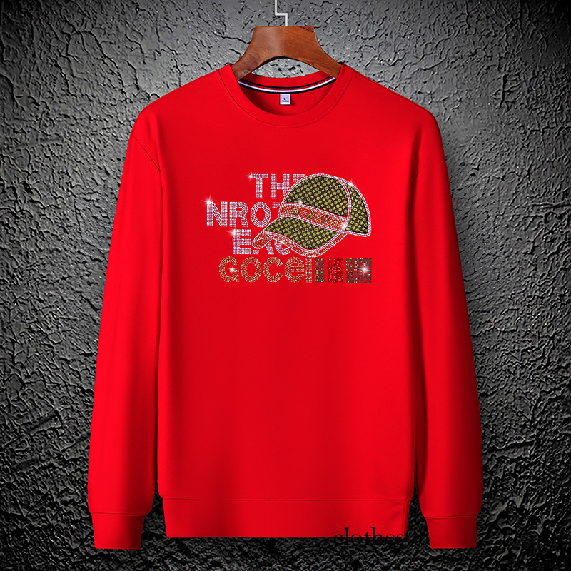 European Style Autumn Winter Sweatshirt Round Neck Fleece Trendy Men's Versatile Light Luxury Youth Heavy Craft Rhinestone Inner Shirt Long Sleev