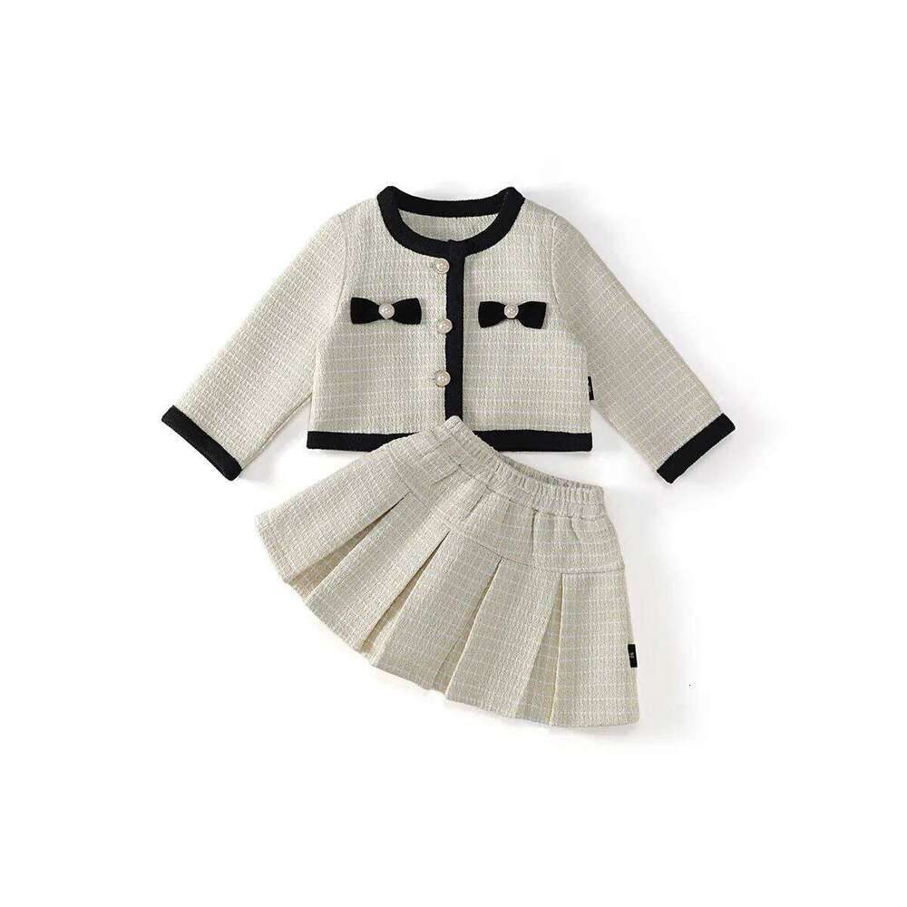 Autumn 2-8Yrs Two-piece Clothes Set Round Collar Children Outerwear Suits Infant Babys Girls Pleated Skirts Outfits Z260304