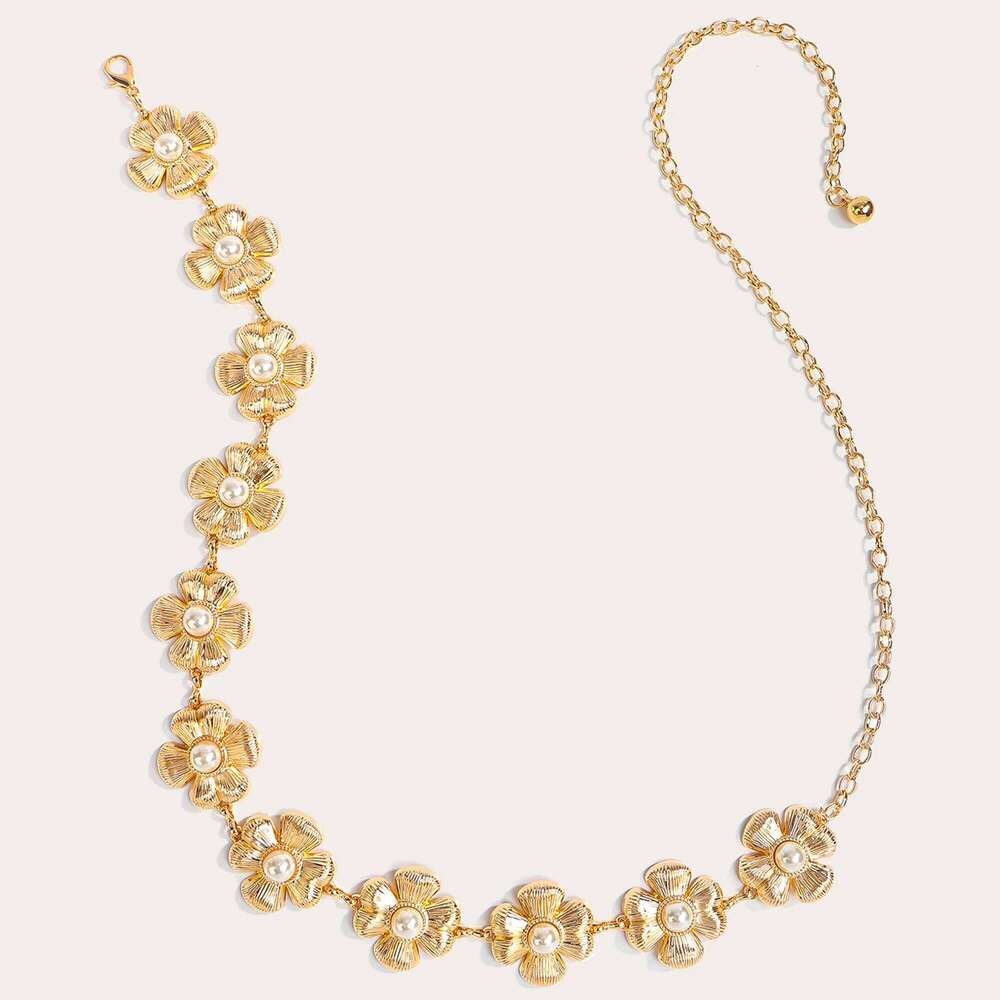 1pc Pearl Flower Metal Belt Women's Sweet Dress Waist Chain Versatile Accessory for Skirts And Dresses S260304