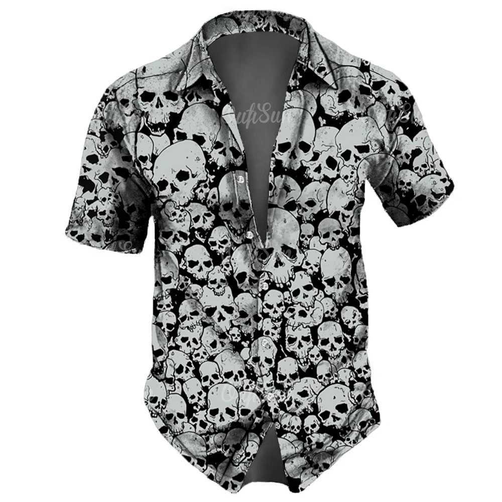 2023 Skull Mens Shirts Lapel Streetwear Vintage Shirt For Men Street Hip Hop Short Sleeve Top Party Summer Men Hawaiian Shirts M260305