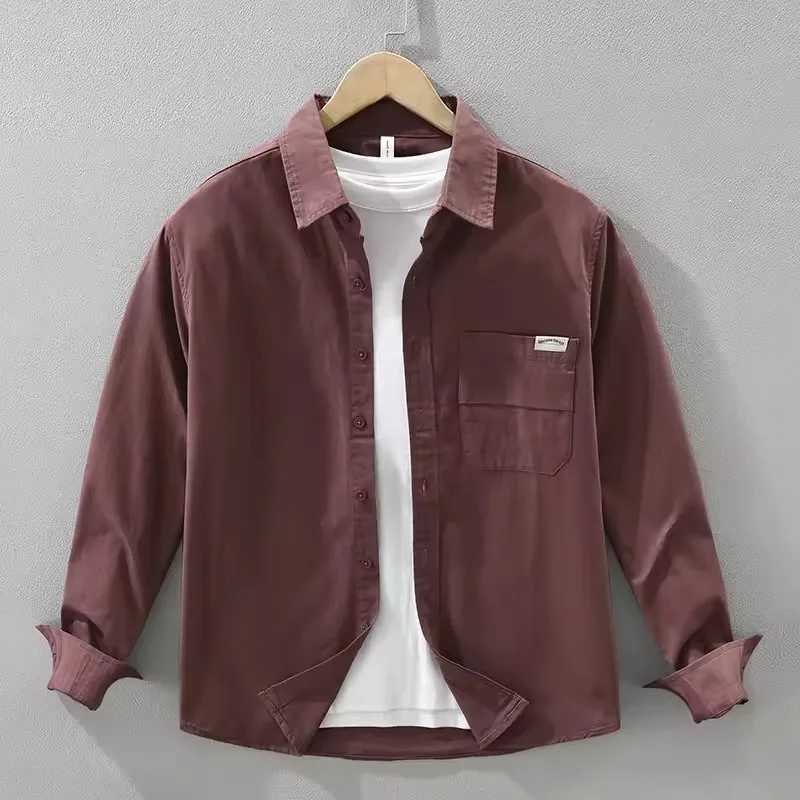2026 Spring Autumn New Simple Cargo 100 Cotton Long Sleeve Shirt for Men Clothing Solid Color Turn-down Collar Versatile M260305