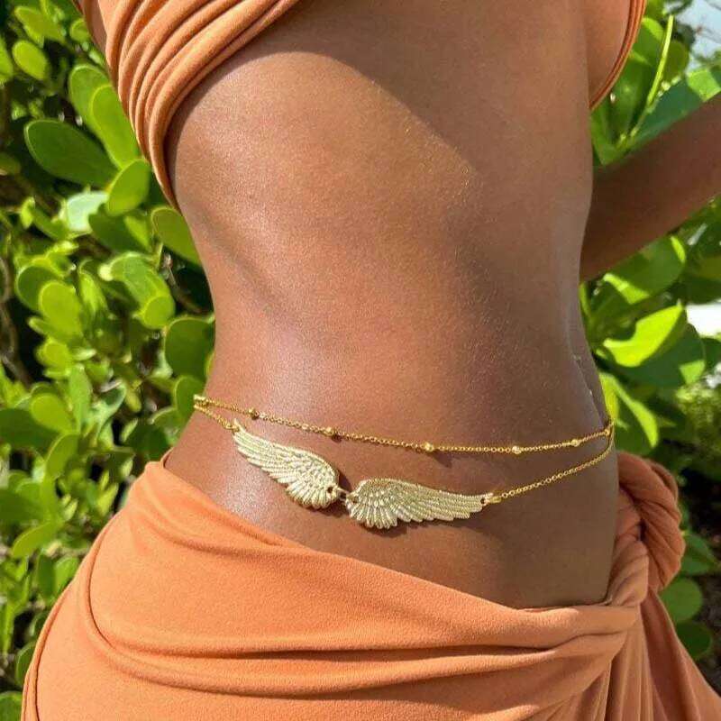 Sexy Metal Wings Chains for Women New Trendy Gold Color Double Layer Beaded Body Waist Chain Beach Party Jewelry Gifts S260304