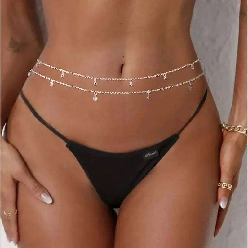 Fashionable and Versatile Item Summer Beach Sexy Bikini Rhinestone Waist Chain, Simple Metal Small Round Bead Tassel Body Chain S260304