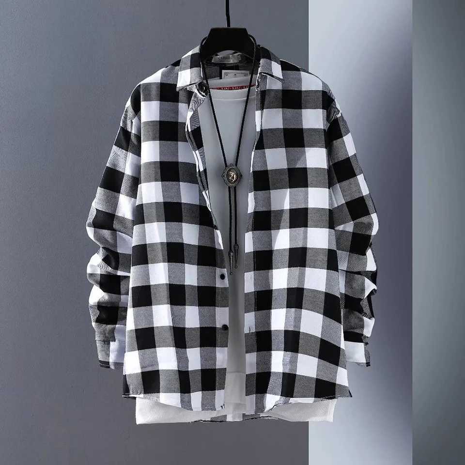 Stylish Mens Button Down Plaid Shirts Baggy Coat Lapel Tops Long Sleeve Check Shirts Casual Workwear Red Black M260305