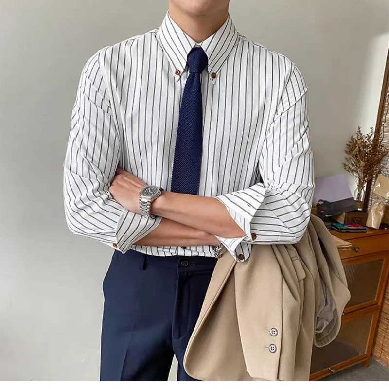 Retro Shirt Striped Slim Fit Mens Business Casual Korean Long-sleeved Shirt Top M260305