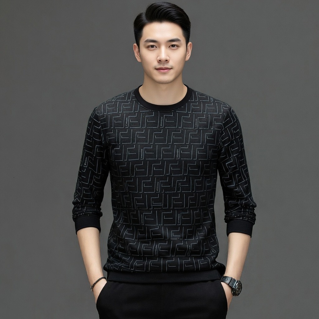 2026 Spring New Designer Luxury Brand Men's Printed Long Sleeve T-shirt Middle Aged Fashion Casual Round Neck Sportswear Basic Shirt Wholesale