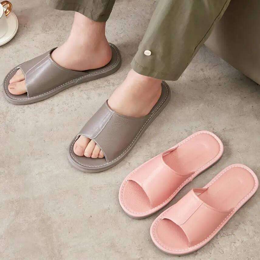 Big Size EU48 Indoor Slippers For Women Men Spring Summer House Shoes Soft Leather Anti-slip Open Toe Couples Home Floor Slides