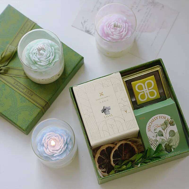 Handmade Peony Flower Glass Cup Scented Soy Wax Candles for Aromatherapy Wedding Birthday Candle Home Party Decoration W260304 W260305