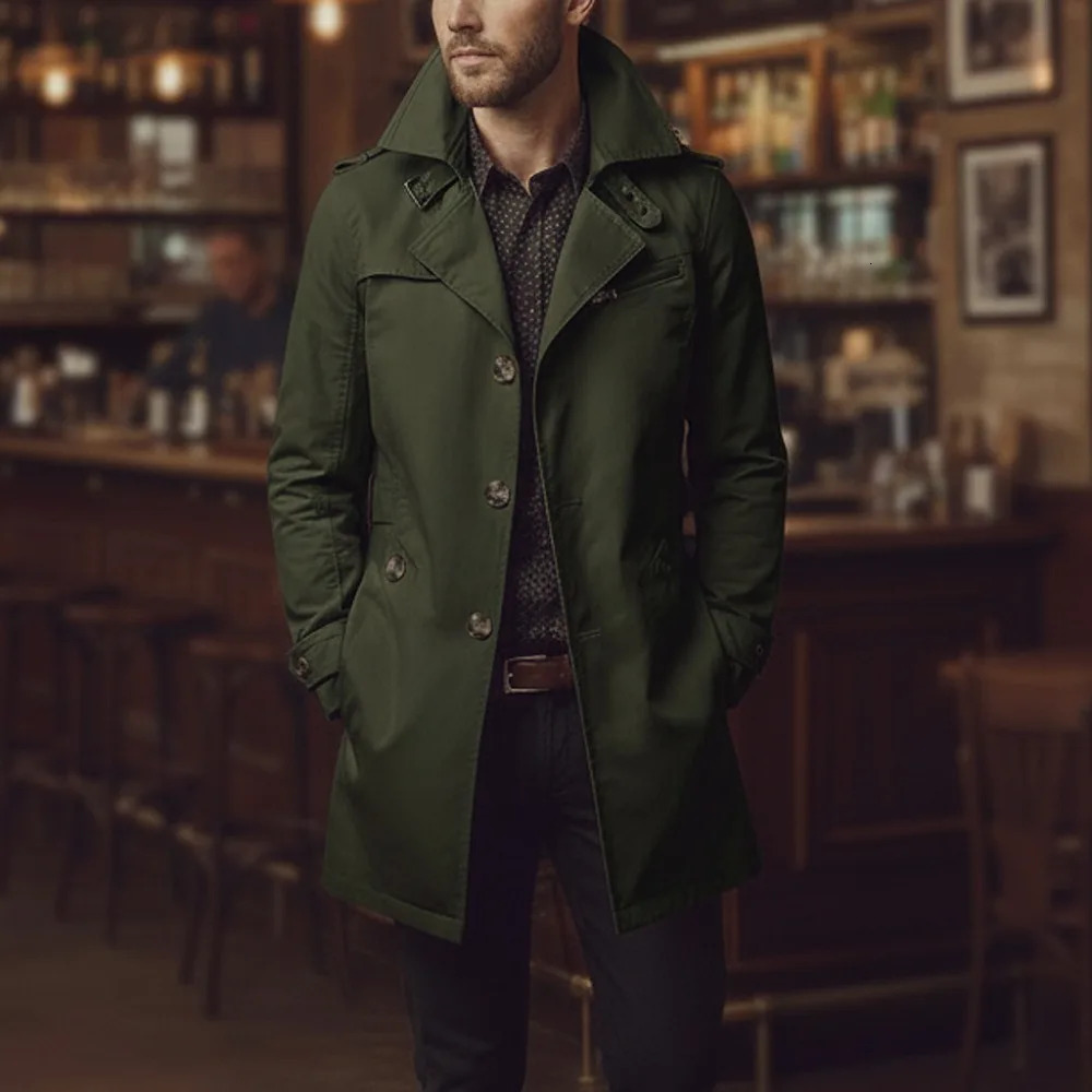 Mens Slim Notched Collar Single Breasted Cotton Jacket Office Casual Business Trench Coat 260302