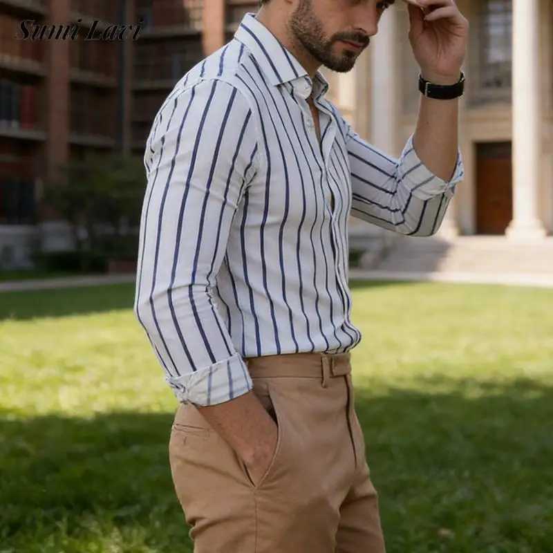 Vintage Long Sleeve Striped Shirts Mens 2026 Spring Casual Turn-down Collar Button-up Shirt Fashionable Men Slim Fit Cardigans M260305