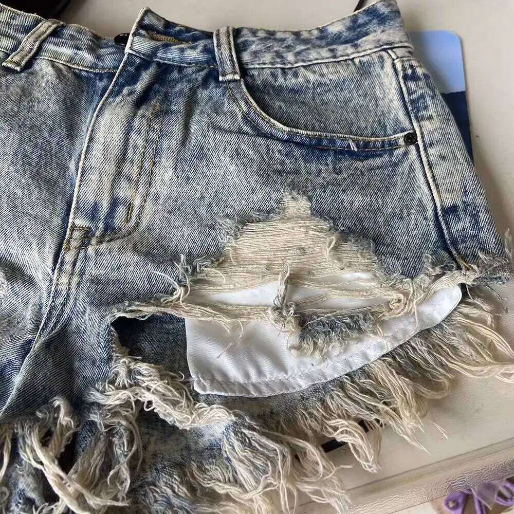 Jeans Women Low Waist Worn Out Irregular Tassel Pocket Exposed Snowflakes Slim Denim Shorts Female 2024 New Summer. XJ260305