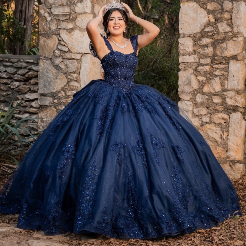 Navy Blue Shiny Quinceanera Dresses Ball Gown Off The Shoulder Applique Lace Beading Crystal Bow Corset Party Birthday Sweet 16 Dress Vestidos 15 De A