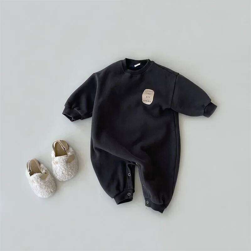 4248D Newborn Jumpsuit Autumn Winter Plus Velvet Boy's One Piece Thick Warm Simple Casual Girl's Climbing Clothes Z260304