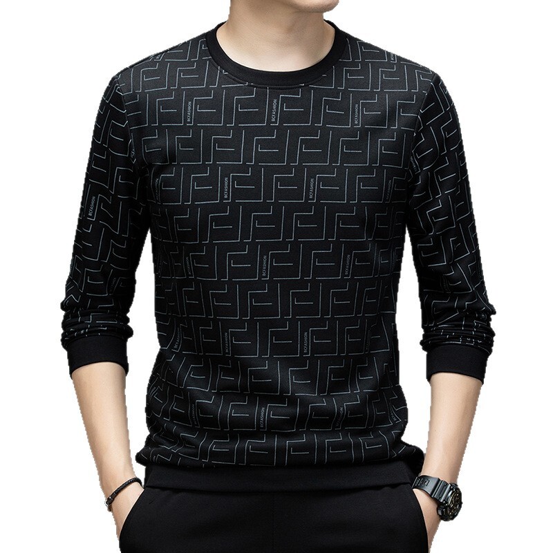 2026 Spring New Designer Luxury Brand Men's Printed Long Sleeve T-shirt Middle Aged Fashion Casual Round Neck Sportswear Basic Shirt Wholesale