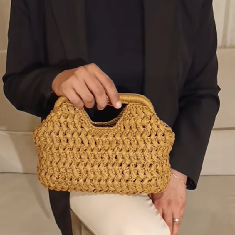 Natural Fiber Snap Clutch BagSpanish Seaside Womens Straw Woven HandbagSummer Beach Travel Vacation Evening Elegant Purse 260303