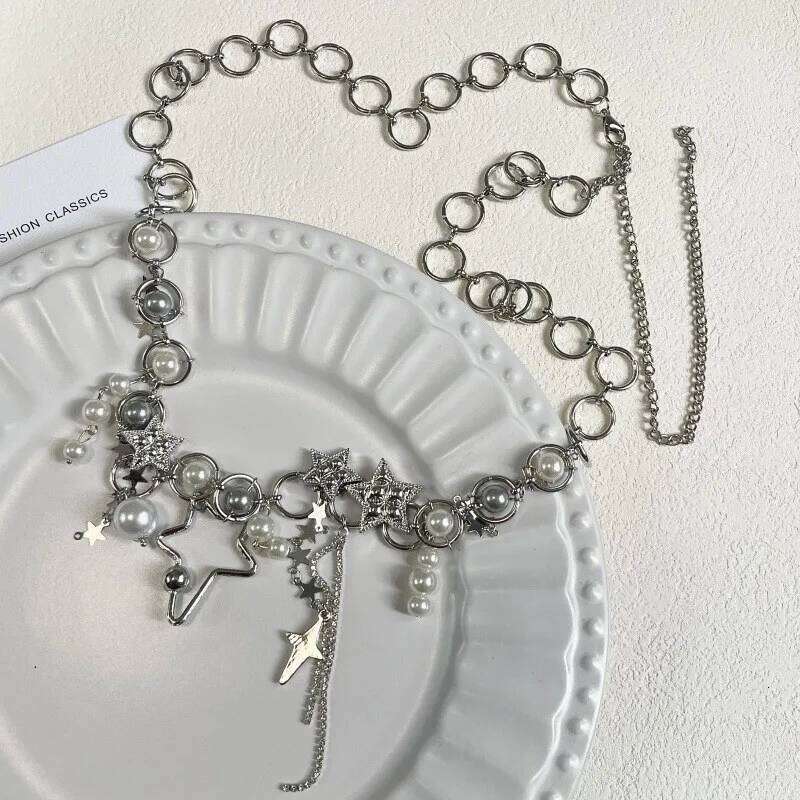 New Korean Shiny Rhinestone Star Pentagram Waist for Women Bling Crystal Pearl Chain Tassel Belt Body Chian Y2K Jewelry S260304