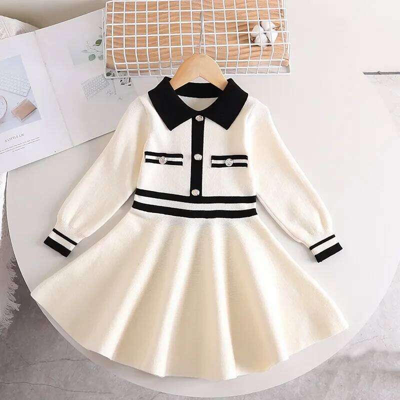 Children's Dresses Lapel Stylish Slim-fit Dress Knitted Sweater Toddler Girl Winter Clothes Kids Knitwear Z260304