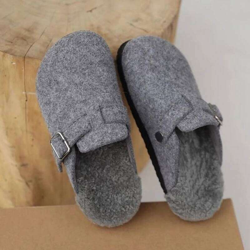 Kidmi Women's Slippers Comfortable and Versatile Outdoor Shoes Winter 2025 New Grey Leather Shearling Closed-toe Felt Soft Mules