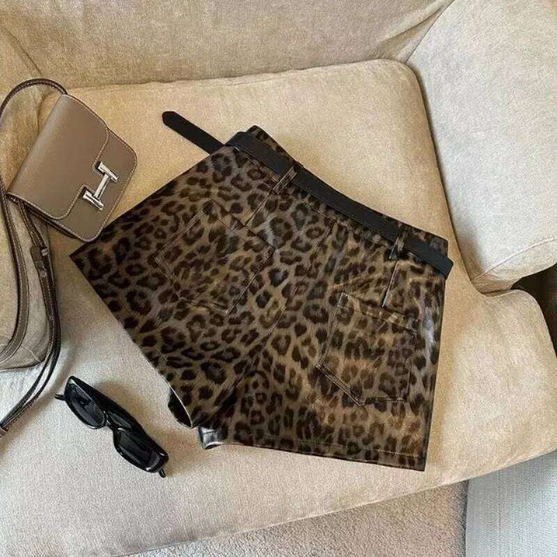 Sexy Leopard Print PU Women Black High Waist Leather Shorts with Belt XJ260305