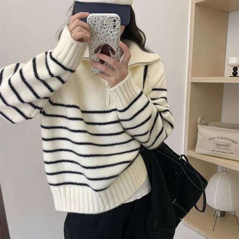 Polo Collared Striped Sweater Women Pullover Knitted Half Zip Jumper Autumn Winter Female Comfy Knitwear Casual Suter Ligero XJ260305