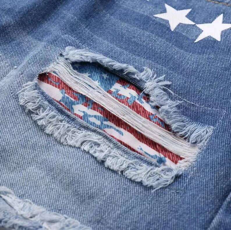Fashionable Printed Washed Ripped Patch Denim Shorts. Women's Summer New Design Sense Flip The Edge Casual Mid-waist Short Jeans XJ260305